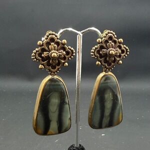 Stephen Dweck 1994 Sterling Bronze Clip Earrings w/ Agate 2.5" Signed